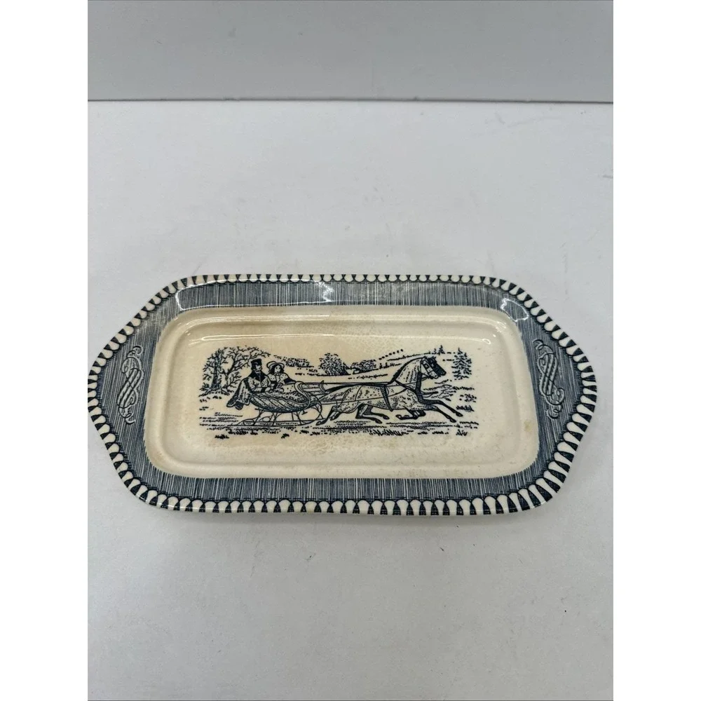 Vintage Royal Currier & Ives Blue and White Butter Dish (No Lid) The Road Winter